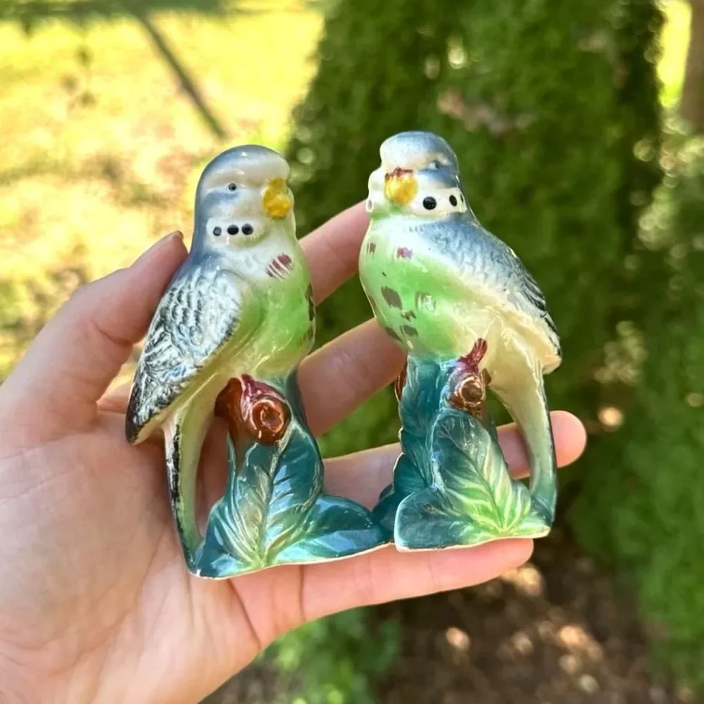 Vintage Porcelain Salt and Pepper Shakers Budgerigar Parakeets Birds